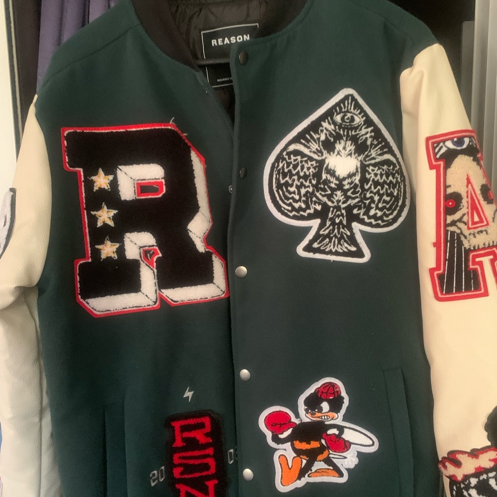 Reason Varsity Jacket Green and Cream with Patches